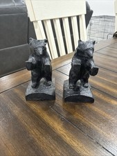 Vintage Japanese Cast Iron Grizzly Bear Bookends Heavy Black Urushi Lacquer Pair picture