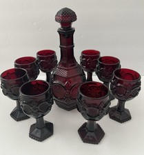 VTG Avon Cape Cod Ruby Red Glass Wine Decanter & 8 Goblets picture