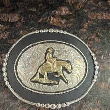 Wages Silversmith Western Oval  Belt Buckle Silver/Black Hand eng, gold fill picture