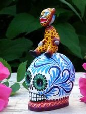 Jaguar Baby Sitting on a Sugar Skull Day of the Dead Handmade Mexico Folk Art picture
