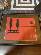 Vintage Asian Oriental Style Silhouette Art Print Orange Black Framed Wall Decor picture