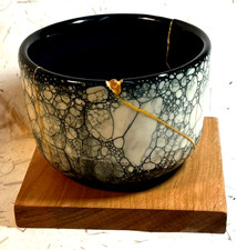 Kintsugi Japanese style repair technique,porcelain bowl,black/gold,sea glass, VG picture