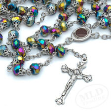 Multi-Color Crystal Beads Rosary Necklace Catholic Holy Soil And Cross Crucifix picture