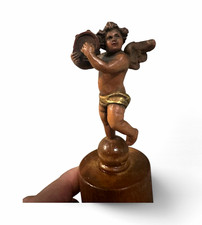 Vintage Italian Carved Wood Putto Cherub Figurine Playing Tambourine Gilt Accent picture