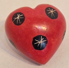 Hand Carved Red Soapstone Heart Paperweight – Ladybug Dot Design – Kenya Kisii picture