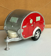 Vintage Teardrop Camper Trailer Coin Bank Red Silver Summer Stash RV Piggy Bank picture
