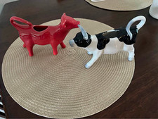 Ceramic Cow Shaped Creamers Set - Red Cow & Black and White Cow Figurine picture