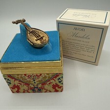 Vintage AVON Mandolin Lute Perfume Holder Glaze Gold Tone Gift Idea 70s with Box picture