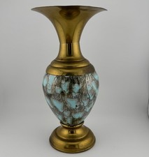 Vintage Delft Holland Hand Painted Aqua Green Marbled Porcelain and Brass Vase picture