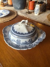 Antique Wood & Sons Florence Flow Blue Covered Butter Dish Underplate Victorian picture