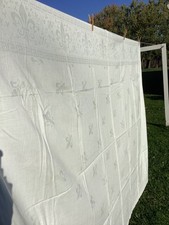 VTG White Irish Linen Tablecloth Fleur-de-lis Geometric Greek Key Damask 84”x60” picture