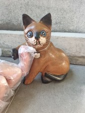 Wood Cat Figurine Raise Right Foot Beckon Hug Lover Bell Collar Vintage Decor 4