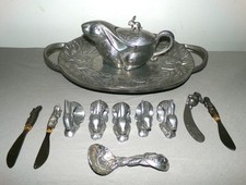 Vintage Arthur Court Rabbit Themed Gravy Boat with Tray Napkin Rings and Knives picture