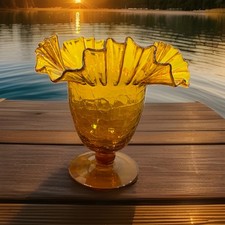 Vintage Blenko #487 Gold Crackle Glass Nice UV Reaction Crackle, Crimped Vase picture