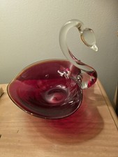 Duncan Miller Vintage Ruby Red & Clear Glass Swan Candy Dish 5 1/2