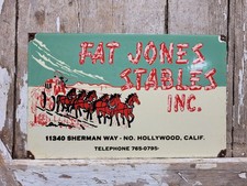 VINTAGE FAT JONES STABLES PORCELAIN SIGN OLD HOLLYWOOD CALIFORNIA HORSE RODEO picture