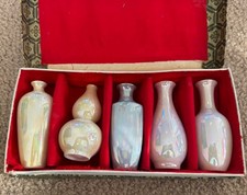 Antique Chinese Miniature Iridescent Pottery Vase Set Of 5 Bud Vases In Box picture