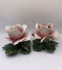 Vintage Nuova Capodimonte Italy Pink Rose Porcelain Candle Holders Pair 6” picture