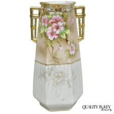 Antique Nippon Twin Handled Pink Hand Painted Porcelain Hexagon Gold Rimmed Vase picture