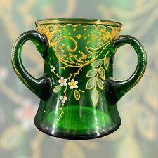 Antique Enameled Floral Gilt Green Glass Three Handled Loving Cup picture