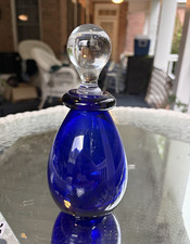 Cobalt Blue Glass Decorative Bottle Solid Pattern w/ Clear Glass Stopper picture