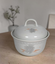 Kahla Covered Sugar Bowl White Embossed Floral Peach GDR East Germany Vintage picture
