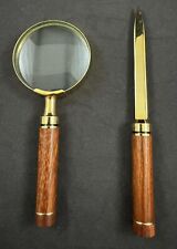 Vintage Brass Wood Handled Letter Opener w/ Magnifying Glass picture