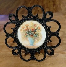 Vintage Style Ornate Metal Filigree Scroll Round Black Picture Frame RARE picture