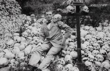 Odd Vintage Photo/Strange/MAN SITTING ON PILE OF HUMAN SKULLS/4x6 B&W Reprint picture
