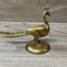 Vintage Brass Peacock Bird With Red Incised Details Long Tail Signed India 4