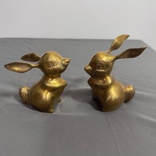 Vintage Solid Brass Bunny Rabbit Figurine Set of 2 MCM Made in Korea picture