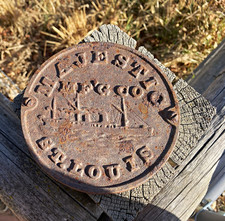 Vintage Round Cast Iron Lid Cover Plate with Raised Lettering picture