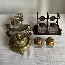 Antique and Vintage Victorian Art Nouveau Inkwells, Brass, Iron, Gold Plate, picture