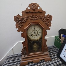 Antique Victorian Gingerbread Mantel Clock Carved Oak Mechanical Striking Key picture