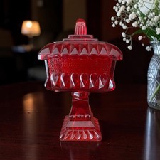 Vintage Jeanette Glass Wedding Cake Box Ruby Red Flash Glass picture