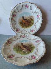 2 Antique Game Bird Porcelain Plates PM Bavaria Moshendorf Pheasant Grouse Roses picture