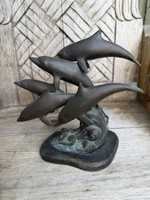 Bronze Dolphin Sculpture on Wooden Base -5 Dolphins Riding Waves Coastal Sealife picture