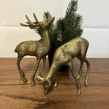 Solid Brass Buck & Doe Deer Pair VTG Figurine Sculpture Wildlife 7