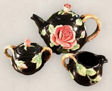Fitz & Floyd Midnight Rose Teapot set 1987 Floral Black + creamer sugar 3 piece picture