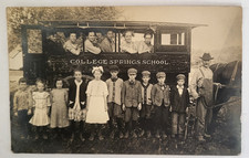 ANTIQUE 1913 RPPC COLLEGE SPRINGS IA HORSE DRAWN SCHOOL BUS DRIVER KIDS picture