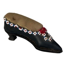 Antique Victorian Folk Art Wood Shoe Sewing Pin Cushion Beaded Hand Carved 5