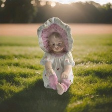 Antique Gebruder Heubach Bisque Sitting Girl Pink Bonnet Figurine Germany Baby picture