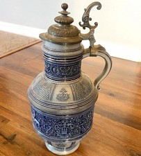 Antique Merkelbach & Wick German Stoneware Beer Stein Jug 16” Pewter Lid 1800s picture