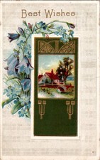Antique Embossed Postcard Posted 1910s Best Wishes Flowers Farm Gilded Cancel picture