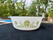 Vintage Glassbake  Casserole Green Daisy Milk Glass Round Baking Dish picture