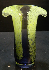 Hand Blown Green Spatter Striped Blue Art Glass Vase 7.75