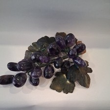 Vintage Polished Amethyst Stone Purple Grape Cluster With stone leaves. picture