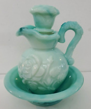 Vintage AVON Jade Milk Glass Decanter With Stopper & Bowl Bottle Pitcher picture
