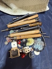 Vintage Junk Drawer Lot Wood Handle Tools Punches Buttons Dice Estate Finds picture