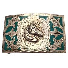 Plata De Jalisco Mex huge Sterling Silver horsecrushed turquoise inlaid Buckle picture